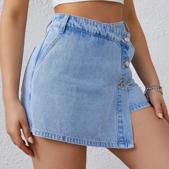 Light Wash Casual Womens High Waist Button Front Denim "Skort" - Picture 4 of 5